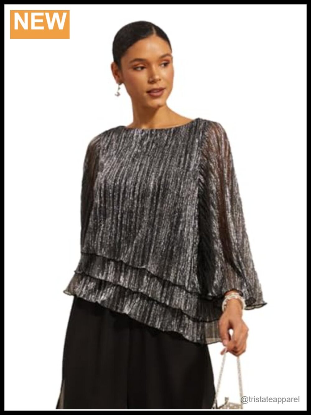 Women's Metallic Pleated Ruffle Blouse 3/4 Sleeve Flowy Asymmetrical Hem